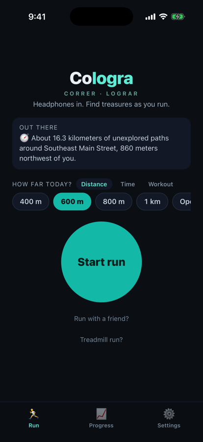 The Cologra home screen: a rotating hint reading about 16.3 kilometres of unexplored paths around Southeast Main Street, a How far today picker with Distance, Time and Workout tabs, distance chips for 400 m, 600 m, 800 m, 1 km, Open and Custom, a large round Start run button, and links for running with a friend or on a treadmill.
