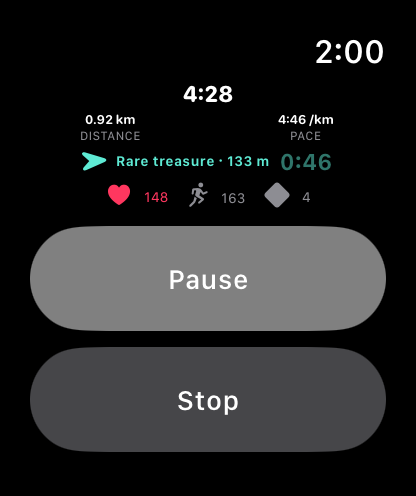 A Cologra run on an Apple Watch: elapsed time 4:28, distance 0.92 km, pace 4:46 per kilometre, and a teal row reading Rare treasure, 133 metres, counting down from 46 seconds, with an arrow pointing the way. Below, a heart rate of 148, a cadence of 163 and four treasures found. Pause and Stop buttons fill the lower half.